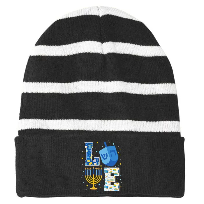 LOVE Cute Hanukkah Decorations Dreidel Menorah Chanukah Striped Beanie with Solid Band