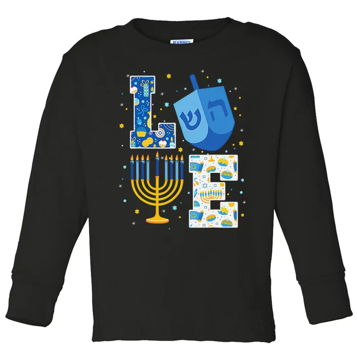 LOVE Cute Hanukkah Decorations Dreidel Menorah Chanukah Toddler Long Sleeve Shirt