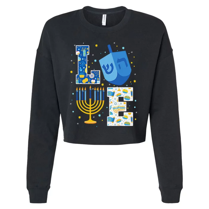 LOVE Cute Hanukkah Decorations Dreidel Menorah Chanukah Cropped Pullover Crew