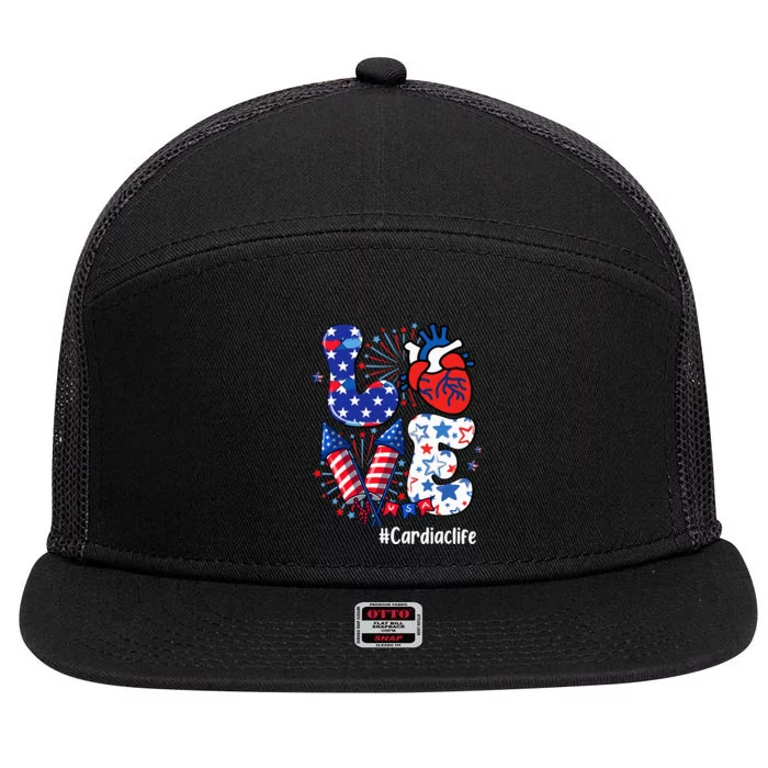 Love Cardiac Life Usa Flag Cardiac Nurse 4th Of July 7 Panel Mesh Trucker Snapback Hat