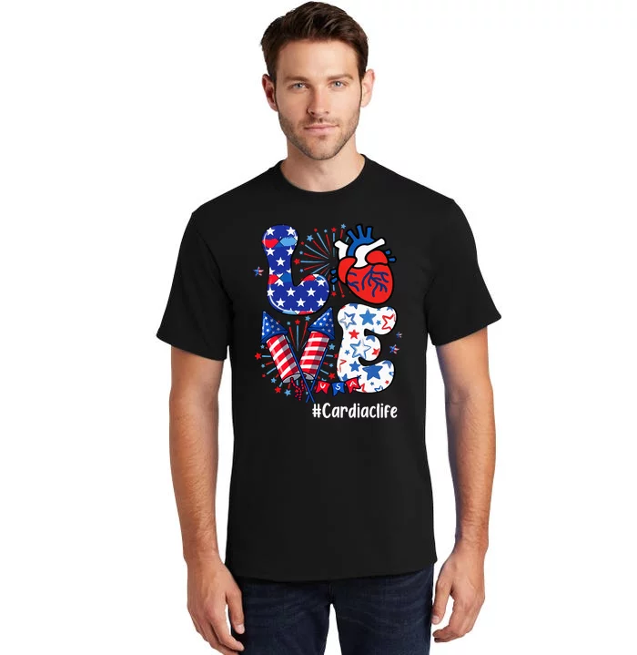 Love Cardiac Life Usa Flag Cardiac Nurse 4th Of July Tall T-Shirt