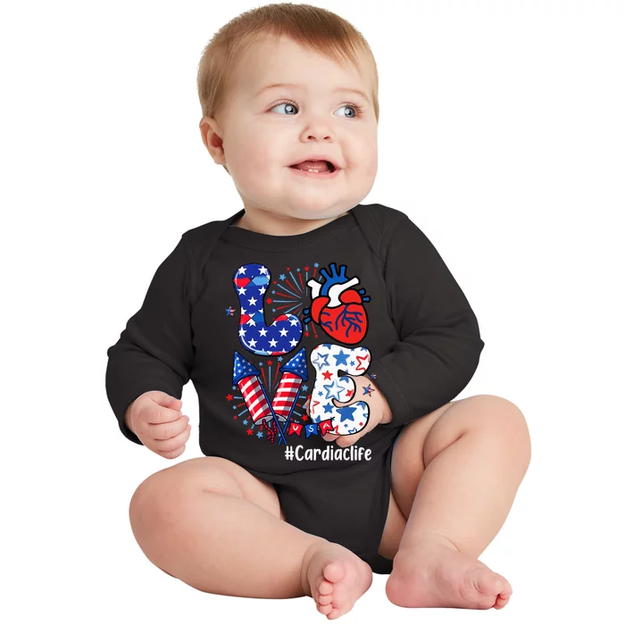 Love Cardiac Life Usa Flag Cardiac Nurse 4th Of July Baby Long Sleeve Bodysuit