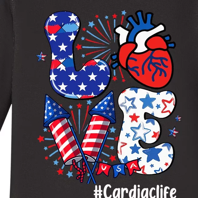 Love Cardiac Life Usa Flag Cardiac Nurse 4th Of July Baby Long Sleeve Bodysuit