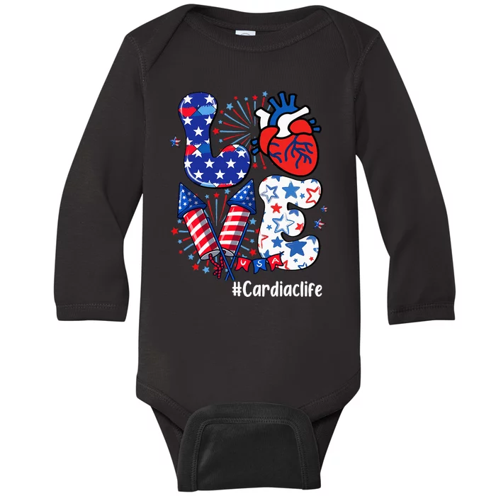 Love Cardiac Life Usa Flag Cardiac Nurse 4th Of July Baby Long Sleeve Bodysuit