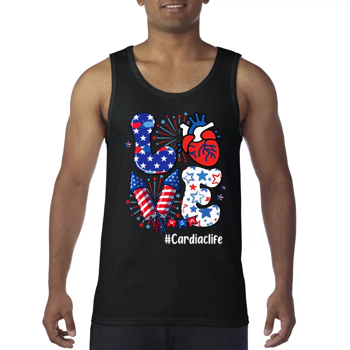 Love Cardiac Life Usa Flag Cardiac Nurse 4th Of July Tank Top