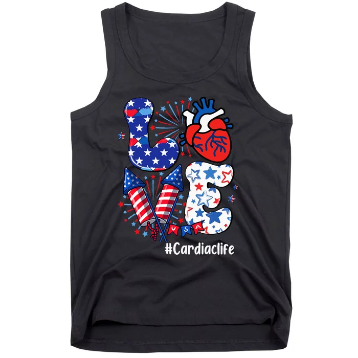 Love Cardiac Life Usa Flag Cardiac Nurse 4th Of July Tank Top