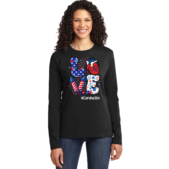 Love Cardiac Life Usa Flag Cardiac Nurse 4th Of July Ladies Long Sleeve Shirt