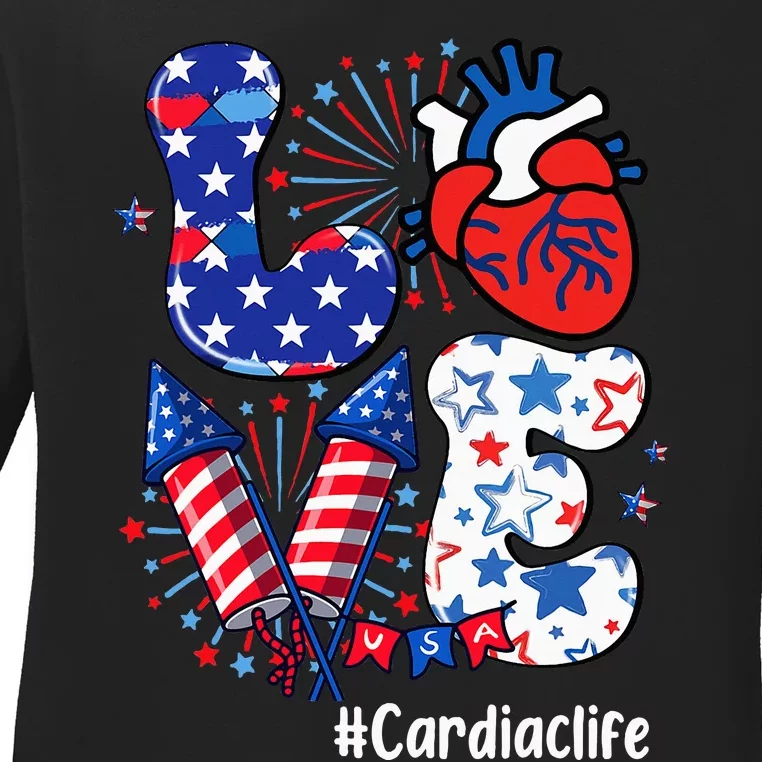 Love Cardiac Life Usa Flag Cardiac Nurse 4th Of July Ladies Long Sleeve Shirt