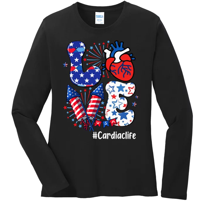 Love Cardiac Life Usa Flag Cardiac Nurse 4th Of July Ladies Long Sleeve Shirt