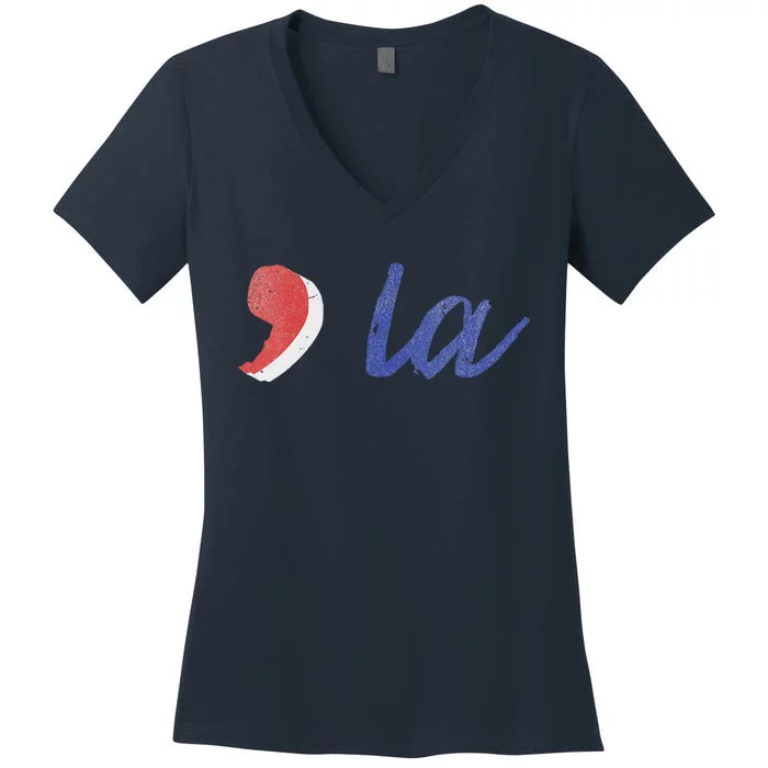 La Comma La In Red White & Blue Minimalist Design Women's V-Neck T-Shirt