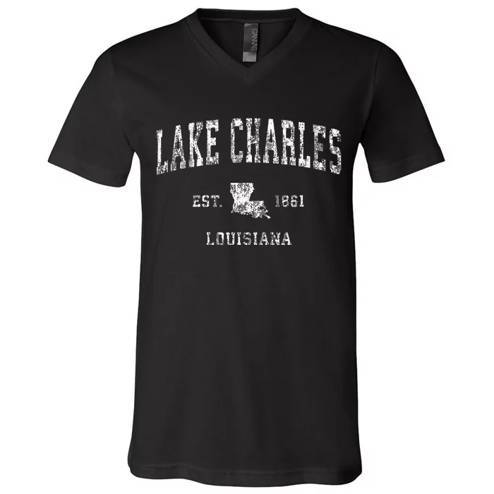 Lake Charles Louisiana La Vintage Athletic Sports Design V-Neck T-Shirt