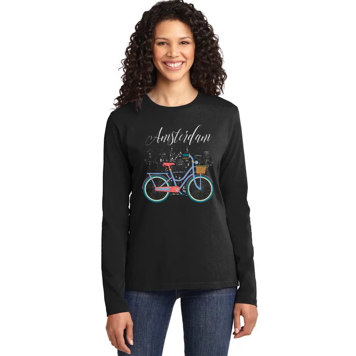 Love Cycling Luv Amsterdam Retro Bike Gift Design Idea Ladies Long Sleeve Shirt