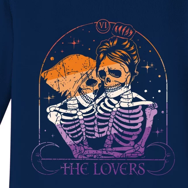 Lesbian Couple Lovers Tarot Card Lgbtq Skeleton Valentines Cool Gift Baby Long Sleeve Bodysuit