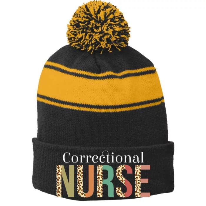 Leopard Correctional Nurse for Student Stripe Pom Pom Beanie