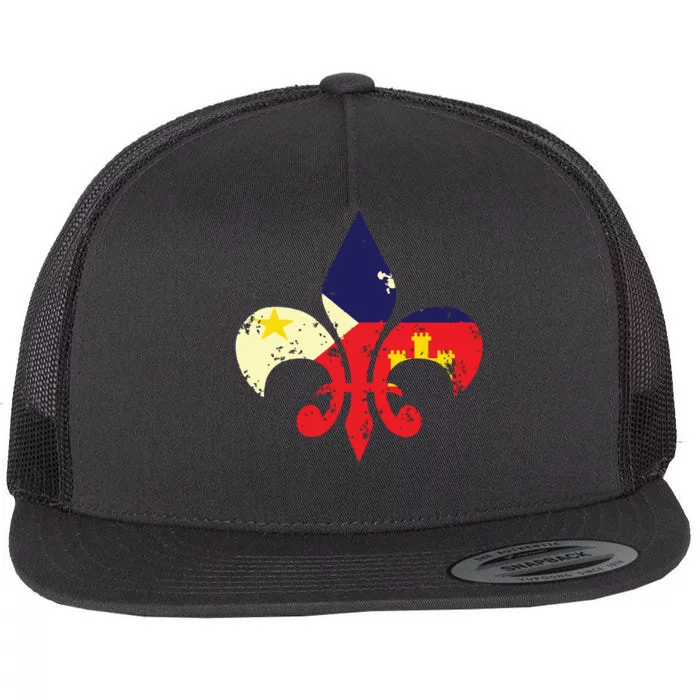 Louisiana Cajun Proud Acadiana Flag Distressed Fleur Flat Bill Trucker Hat