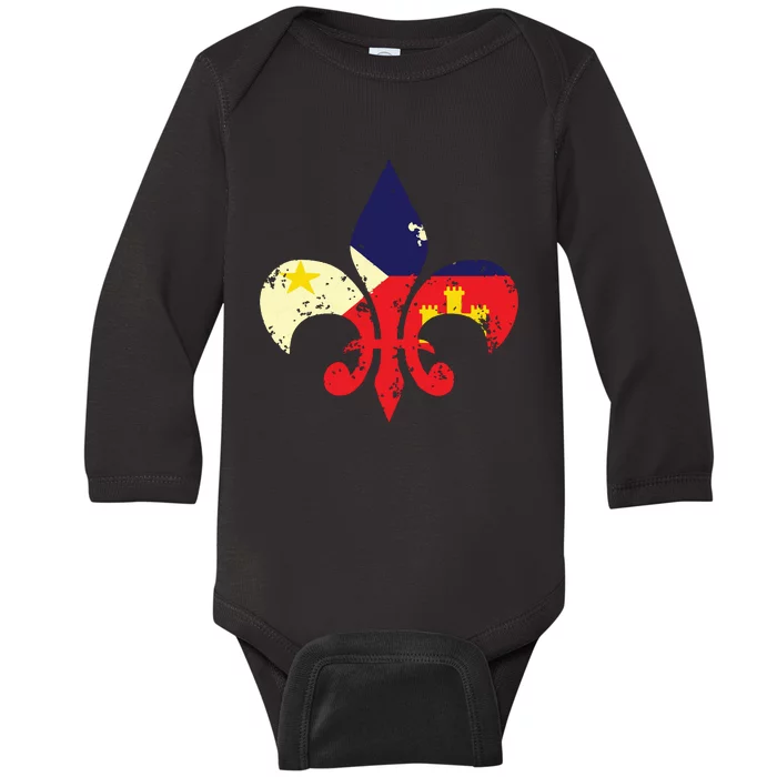 Louisiana Cajun Proud Acadiana Flag Distressed Fleur Baby Long Sleeve Bodysuit