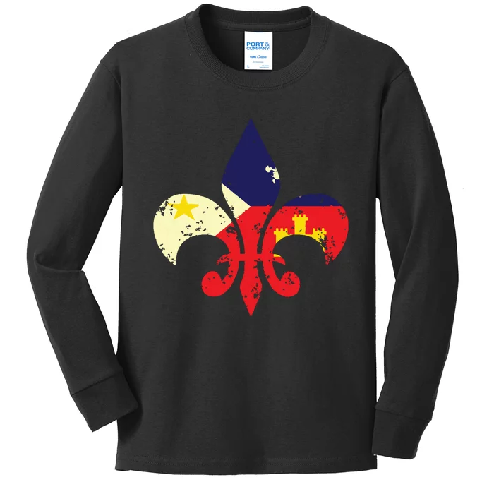 Louisiana Cajun Proud Acadiana Flag Distressed Fleur Kids Long Sleeve Shirt