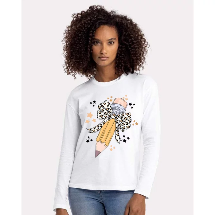 Leopard Coquette Pencil Teacher Student Womens Cotton Relaxed Long Sleeve T-Shirt