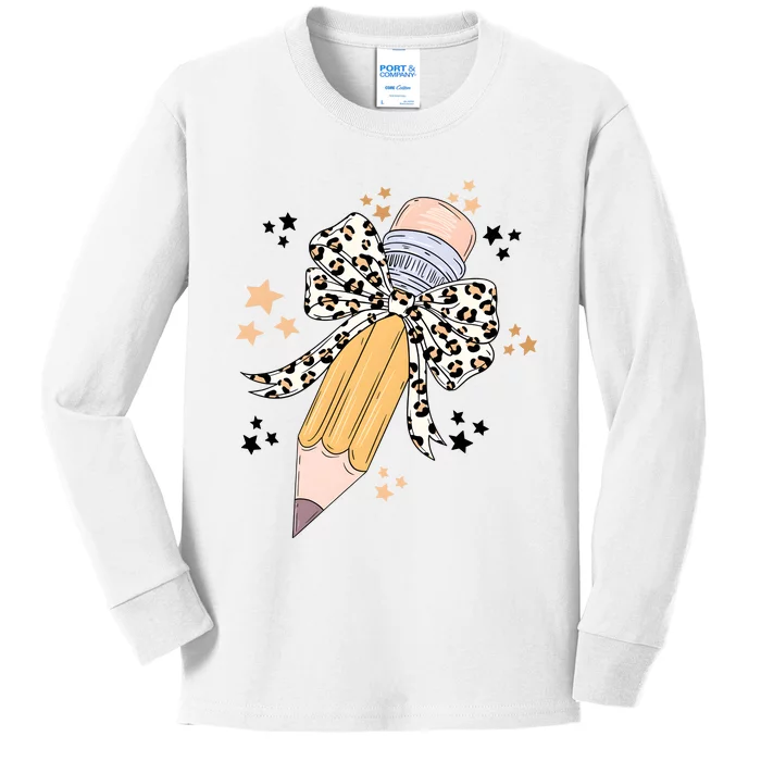 Leopard Coquette Pencil Teacher Student Kids Long Sleeve Shirt