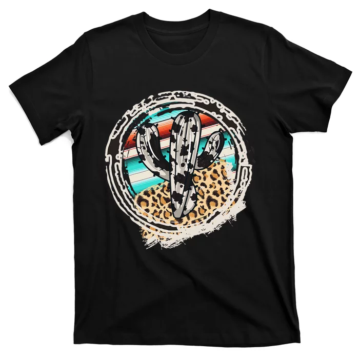 Leopard Cow Pattern Cactus Serape Print Cowgirl Rodeo T-Shirt