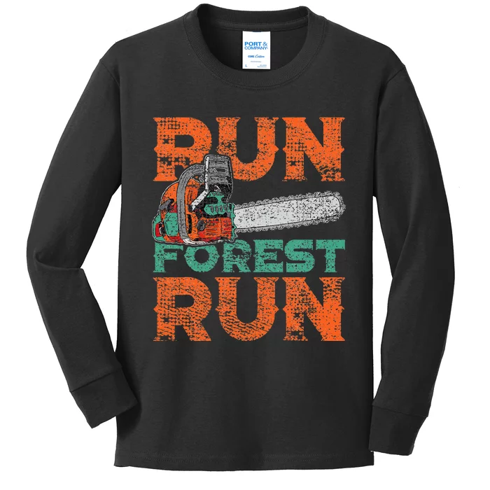 Lumberjack Chainsaw Run Forest Funny Woodworker Kids Long Sleeve Shirt