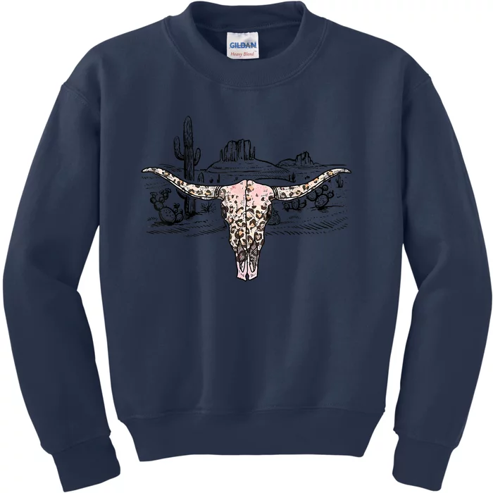 Leopard Cow Skull Cactus Desert Western Southern Cowgirl Kids Sweatshirt