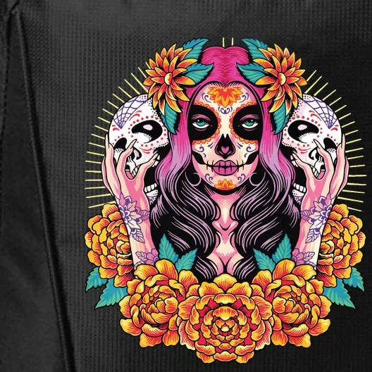 La Catrina Skull Flowers Dia De Los Muertos City Backpack