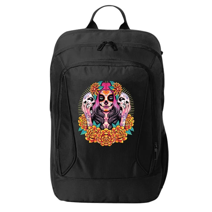 La Catrina Skull Flowers Dia De Los Muertos City Backpack