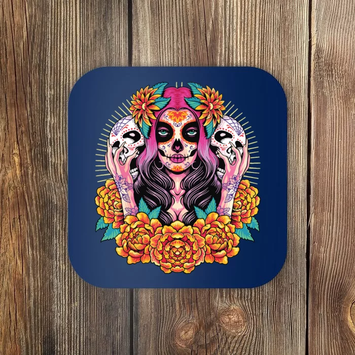 La Catrina Skull Flowers Dia De Los Muertos Coaster