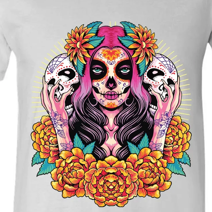 La Catrina Skull Flowers Dia De Los Muertos V-Neck T-Shirt