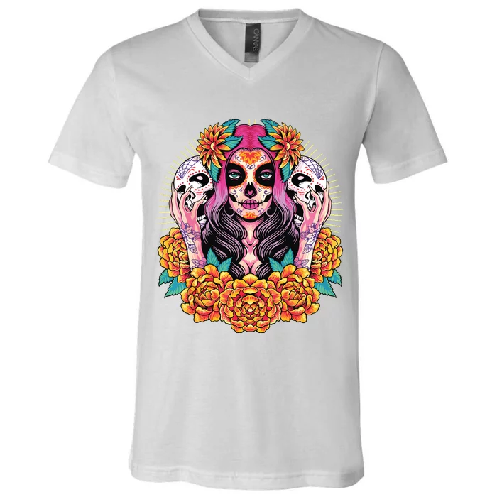 La Catrina Skull Flowers Dia De Los Muertos V-Neck T-Shirt