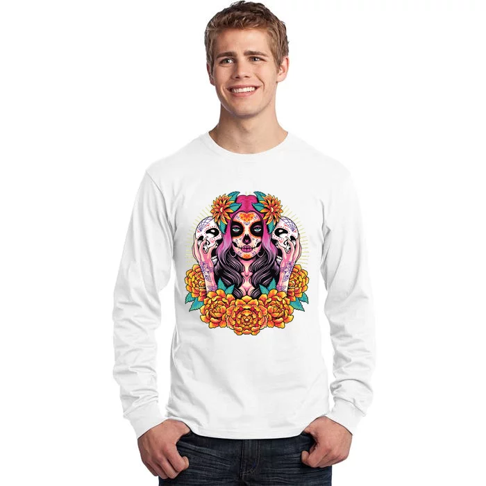 La Catrina Skull Flowers Dia De Los Muertos Tall Long Sleeve T-Shirt