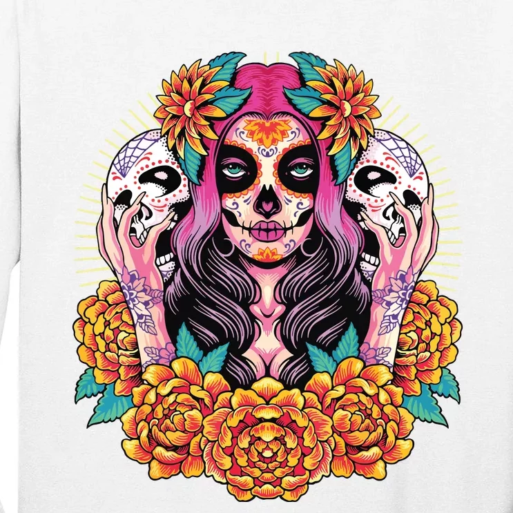 La Catrina Skull Flowers Dia De Los Muertos Tall Long Sleeve T-Shirt