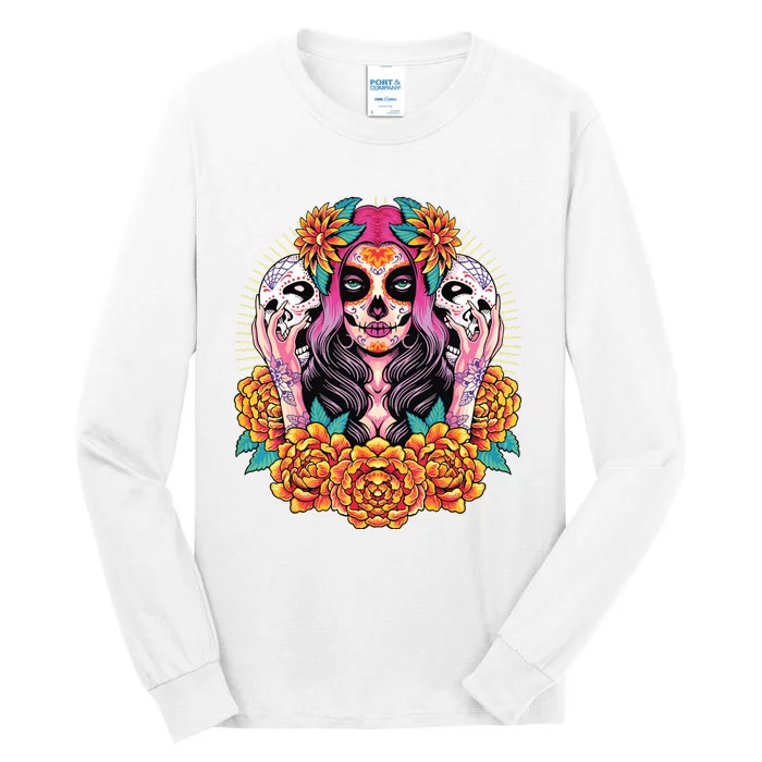 La Catrina Skull Flowers Dia De Los Muertos Tall Long Sleeve T-Shirt