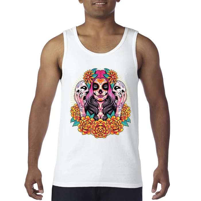 La Catrina Skull Flowers Dia De Los Muertos Tank Top