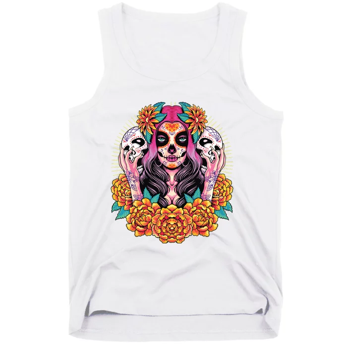 La Catrina Skull Flowers Dia De Los Muertos Tank Top