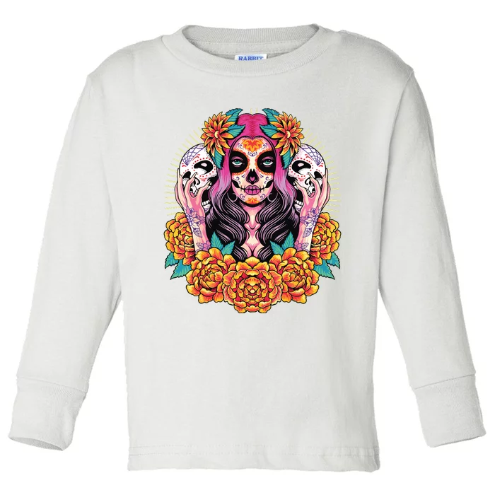 La Catrina Skull Flowers Dia De Los Muertos Toddler Long Sleeve Shirt