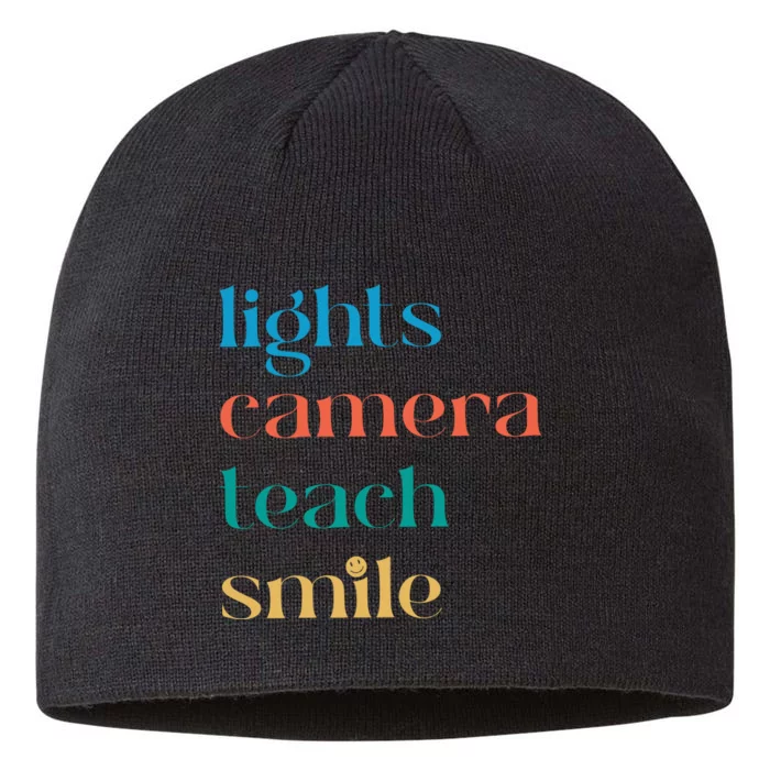 Lights Camera Teacher Smile Funny Teacher 8 1/2in Sustainable Knit Beanie