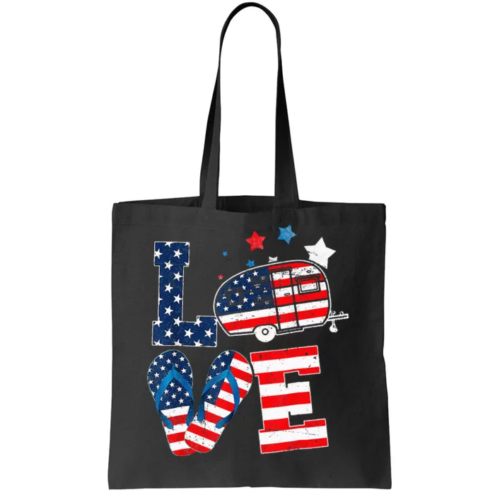 Love Camping USA Flag 4th Of July Flip Flop Camper Patriotic Tote Bag