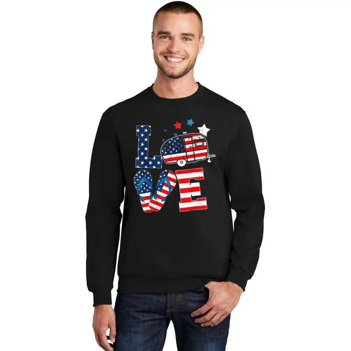 Love Camping USA Flag 4th Of July Flip Flop Camper Patriotic Tall Sweatshirt