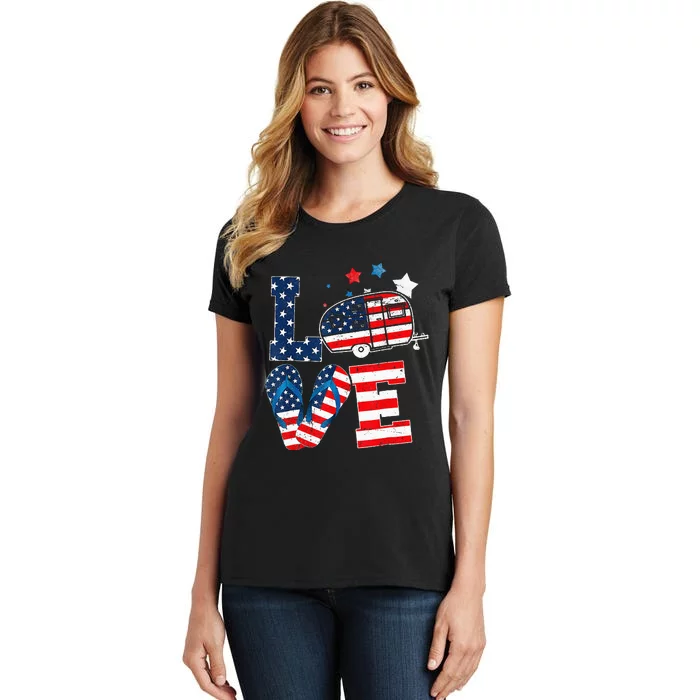 Love Camping USA Flag 4th Of July Flip Flop Camper Patriotic Women's T-Shirt