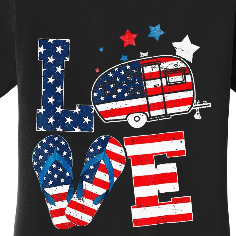 Love Camping USA Flag 4th Of July Flip Flop Camper Patriotic Women's T-Shirt