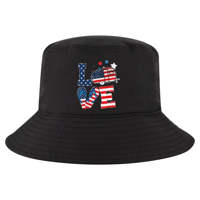 Love Camping USA Flag 4th Of July Flip Flop Camper Patriotic Cool Comfort Performance Bucket Hat