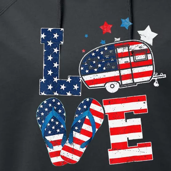 Love Camping USA Flag 4th Of July Flip Flop Camper Patriotic Performance Fleece Hoodie