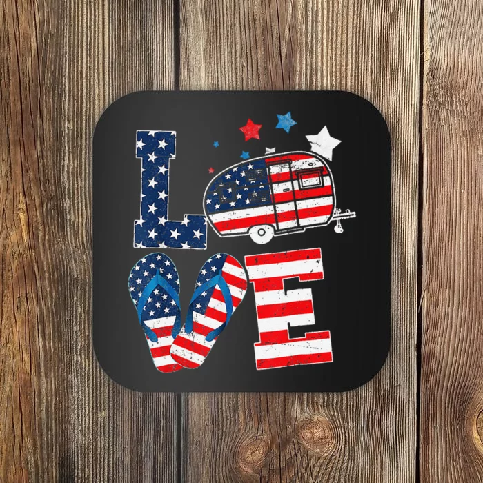 Love Camping USA Flag 4th Of July Flip Flop Camper Patriotic Coaster