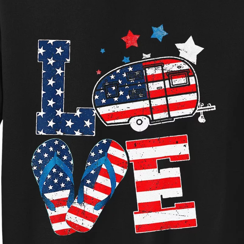 Love Camping USA Flag 4th Of July Flip Flop Camper Patriotic Tall Sweatshirt