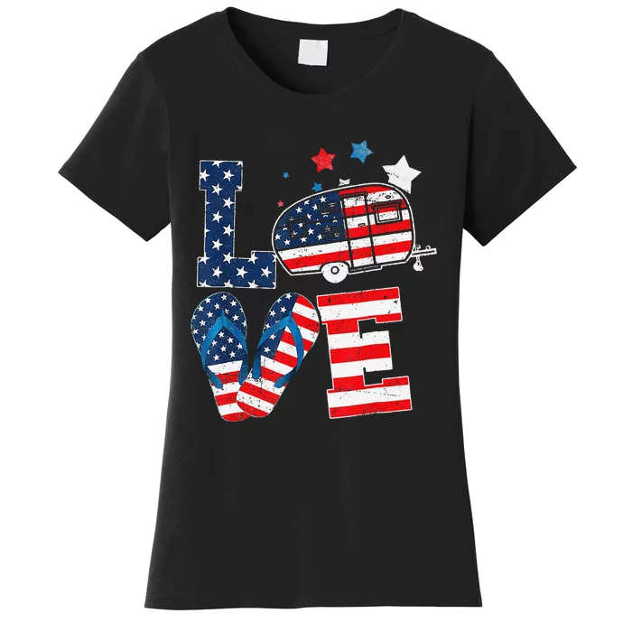 Love Camping USA Flag 4th Of July Flip Flop Camper Patriotic Women's T-Shirt