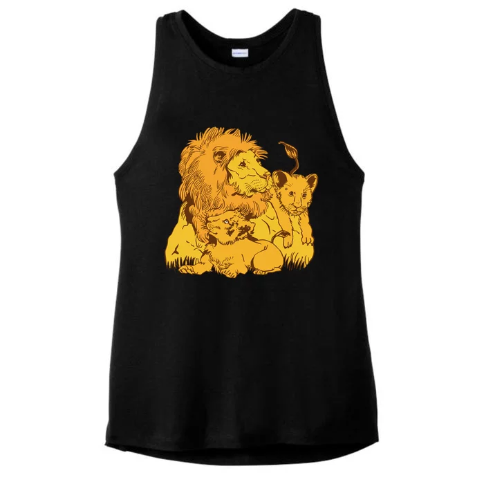 Lion Dad And Babies Ladies Tri-Blend Wicking Tank