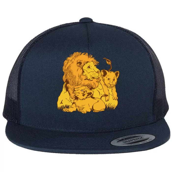 Lion Dad And Babies Flat Bill Trucker Hat