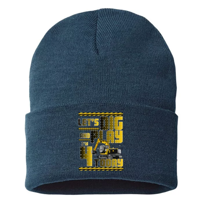 Let's Dig And Play I'm 4 Today 4th Birthday Party Excavator Sustainable Knit Beanie